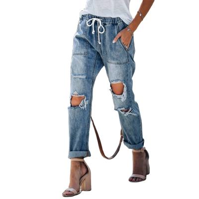 China 2020 spring and autumn breathable jeans women straight tube ripped drawstring new retro slimming jeans for sale