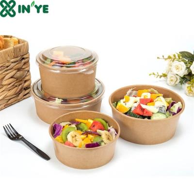 China Disposable Custom Logo Printed Brown Kraft Paper Salad Bowl Container With Clear Lid for sale