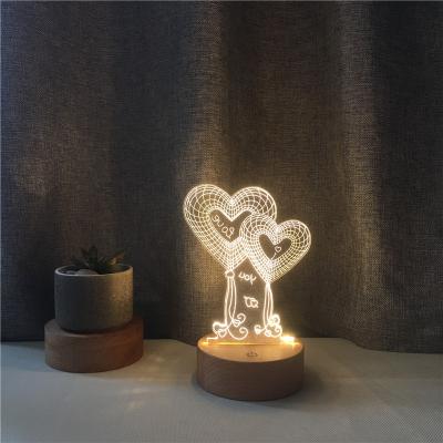 China Cartoon Wooden Base Warm White 3 Colors Change 3D Illusion Night Light Acrylic Led Table Lamp For Gifts Bedroom for sale