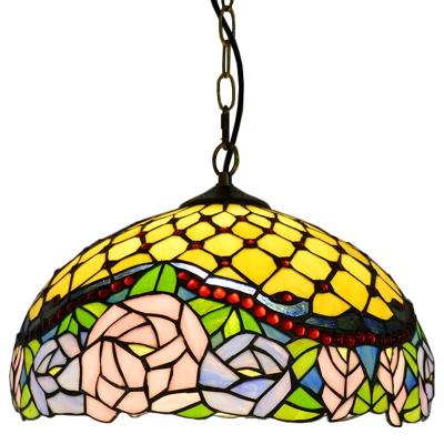 China LongHuiJing 16Inch Mediterranean Antique Rose Tiffany-Style Hand Crafted Glass Brass Hanging Ceiling Light Pendant Fixture for sale