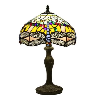 China Mediterranean High End Quality Blue Yellow Dragonfly LongHuiJing Medium Table Lamp With Stained Glass Shade Desk Lights for sale