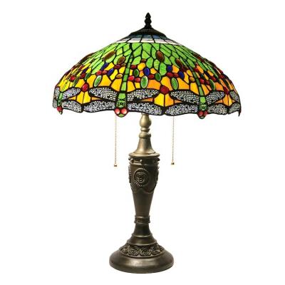 China LongHuiJing Tiffany Style Dragonfly Design 2 Light Table Lamp 18Inch Rustic Stained Glass Shade for sale