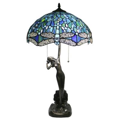 China EUROPEAN LongHuiJing Dragonfly Retro Stained Glass Table Lamp 16Inch 2Heads Pull-Chain Night Stand Light With Women Sculpture for sale