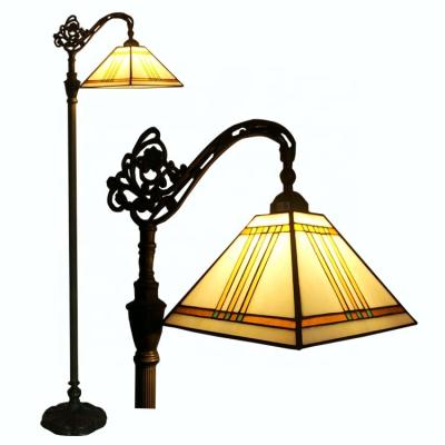 China LongHuiJing Traditional 12Inch Tiffany Style Reading Lamp Square Yellow Stained Glass Shade Floor Lamps for sale