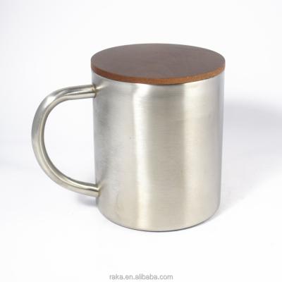 China Sustainable Stainless Steel Double Wall Coffee Mugs / Tea Mug With Wooden Lid for sale