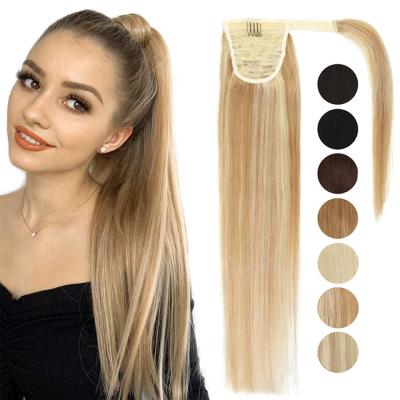 China MRSHAIR Remy Thick 24inch 140G Human Hair Silky Straight Ponytail Extensions Brown Black Blonde Wrap Around Ponytail Hair Extensions for sale