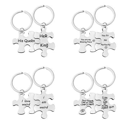 China Promotion Gift 1 Pair Price Key Chain In Couple Running Puzzle Stainless Steel Valentine's Day Gift Metal Key Chain Pendant Lettering for sale