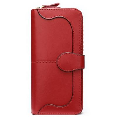 China Long Waterproof Popular Red Genuine Leather Clutch Zipper Wallet Women for sale