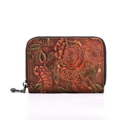 China Normcore / Minimalist Vintage Embossed Flower Designers Leather Coin Purse for sale