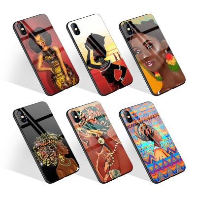 China Best Selling African Colored Women Anti-fall Art Tempered Glass Phone Case For iPhone 13 12 11 Pro Max XR 7 Plus Hard Phone Cases for sale