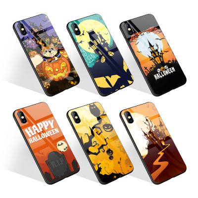 China Anti-fall Custom Happy Halloween Castle Grave Designs Scratch Resistant Hard Glass Cell Phone Bags Cover For iPhone 13 Phone Case for sale