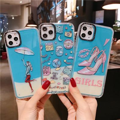 China Hot Selling Custom Anti-fall UV Printing Neon Sand For iPhone 11 Mobile Phone Cover Device Dark Glow Custom Design Neon Light for sale