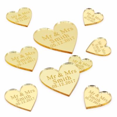 China 50pcs Acrylic Personalized Engraved Acrylic Mirror Love Heart With Hole Gift Tags Wedding Table Confetti Decor Centerpieces Favors for sale