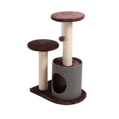 China Wholesale Fashion Viable High Quality Wooden Scratch Gray Soft Fabric Multilevel Mouse Room Cat Toy Climb Tree House With Mouse Toy for sale