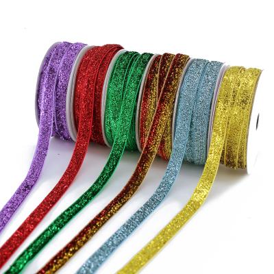 China Hot sale shiny gold or silver gloss lurex glitter velvet ribbon satin ribbon bright silk for clothing or packaging decoration for sale