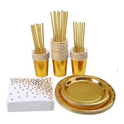 China Rose Gold Paper Dinnerware Set Biodegradable Paper Deep Plate Napkin Disposable Birthday Wedding Party Supplies Dinnerware Sets for sale