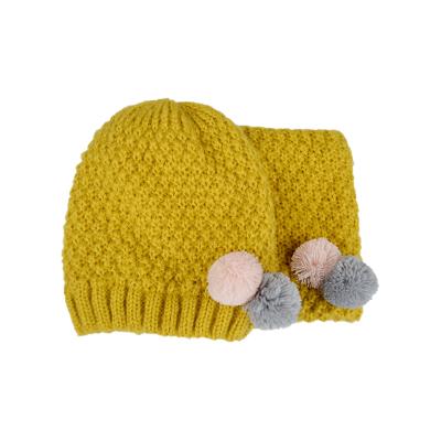 China Skin friendly; Hot sale beautiful mohair pom poms acrylic sherpa fur striping winter baby hat tube with cute ball jacquard hat snood set for sale