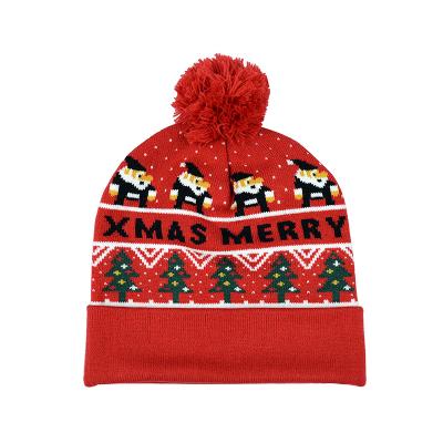 China Fashion style 95% factory price 5% acrylic elastic fiber jacquard Christmas letter and tree acrylic elastic hat with pompom for sale