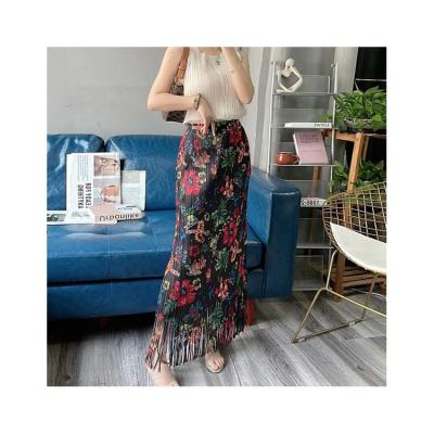 China 2023 Anti-Static New High Quality Custom Printed Dyed Floral Women's Skirt High Waist Tassels Free Size Pleated Skirt for sale