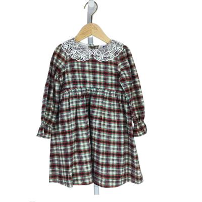 China OEM Customized Drop Soft Hand Feel Flannel Lace Collar Plaid Pleated Cuffs Leg Button Long Sleeve Girls Dress 2Y-12Y for sale