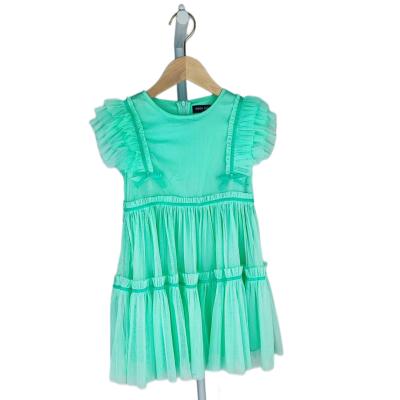 China OEM Customized High Quality Polyester Tulle Ruffle Sleeve Velvet Ribbon Bow Fall Tank Top Striped Girls Dress Dress 2Y-12Y for sale