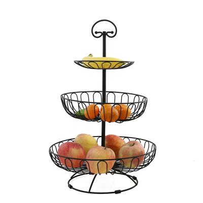 China Kitchen 3 Tier Matt Black Metal Wire Large Home Viable Fruit Basket For Kitchen Counter Dining Table for sale