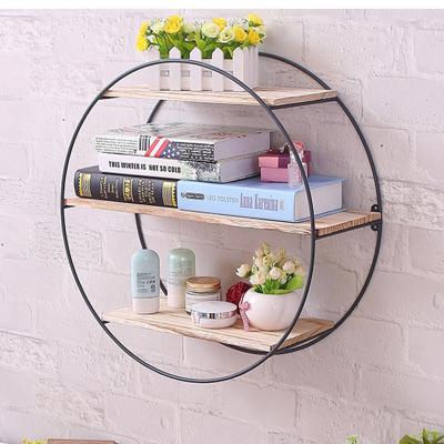 China Contemporary Wholesale Home Living Room Multifunctional Black 3 Tiers Around Metal Iron And Wood Wall Storage Rack for sale