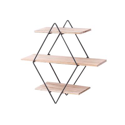 China Contemporary Wholesale Home Multifunctional Living Room Metal Wall Mounted Black 3 Tiers Iron And Wood Wall Storage Rack for sale