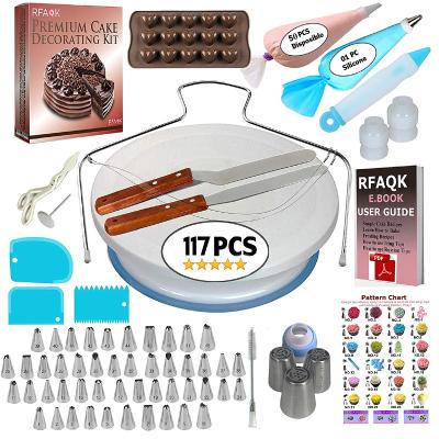 China 117PCS Amazon Sustainable Bags Anti Slip Chocolate Pissing Pen Icing Tips Plastic Turntable Set For Baking Decoration for sale