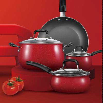 China Sustainable New Style Red Cookware Sets Kitchenware Induction Non Stick Bottom Pot Sets Cookware With Glass Lid for sale