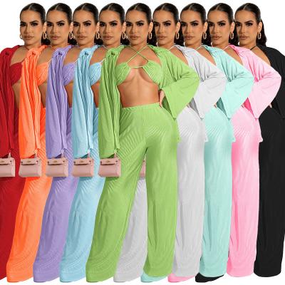 China Anti-pilling 2022 Wide Leg Pants 3 Piece Autumn Set Outfits Womens Sets Solid Cardigan Loose Three Piece Set With Sexy Bra for sale