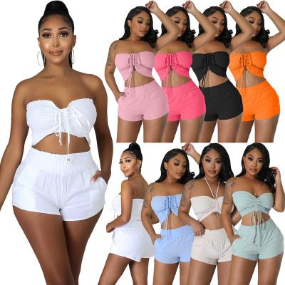 China Anti-pilling 2023 Boutique Women Clothing Tube Top Women Shorts Set  Ladies Plus Size S-3XL Shorts and Top 2 Piece set 2023 Summer Outfits for sale