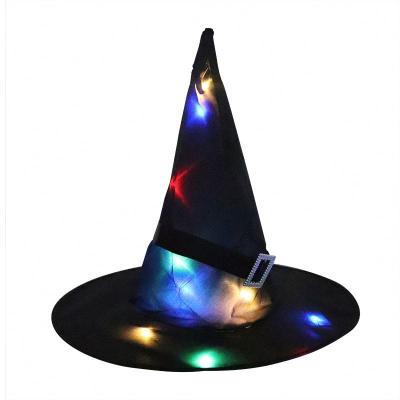 China Hot Custom Halloween Decoration Party Decoration Kids Adult Cosplay Magician Colorful Witch Led Lights Halloween Hats for sale