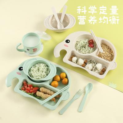 China New stocked tableware cartoon elephant shaped wheat straw fast food dish with bowls, chopsticks, spoons, cups, kids split combi for sale