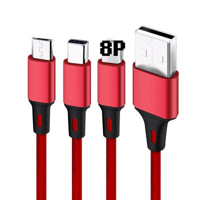 China Facroy Portable Direct Portable 3 0.18M in 1 USB Nylon Multi Braided Cable Pure Copper USB Charger Cable For iPhone 13 12 11 for sale