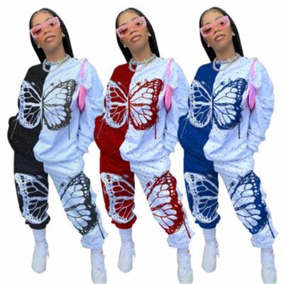 China Butterfly print anti-pilling two-piece sets long sleeve for women's winter clothing 2 pieces set women's clothing for sale