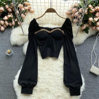 China Anti-pilling 2021 new women girls fashion long sleeve puff cheap elegant white lace button waistband shirt printing tops for sale