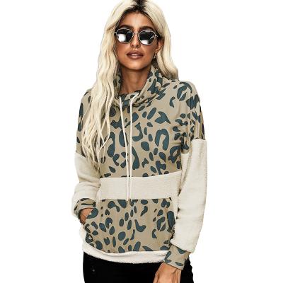 China Anti-wrinkle Block Fuzzy Fleece Pullover Sweatshirt 2020 Winter Warm Women's Drawstring Women's Hoodies Leopard Print Color Sweatshirt for sale