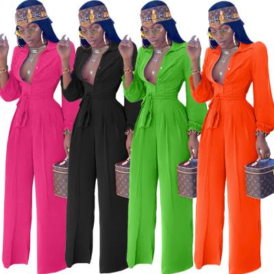 China Anti-wrinkle 2021 apparel 4colors drop long sleeves button up ol office ladies elegant outfits wide leg pants romper jumpsuit jumpsuits for sale