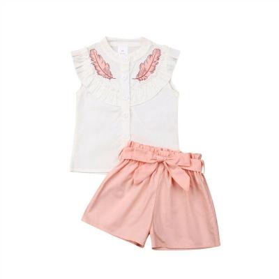 China 2021 Kids Girls 2 PCS Sets Casual Clothes Knitted T-shirt Tops Straps Headband Outfit Set for sale