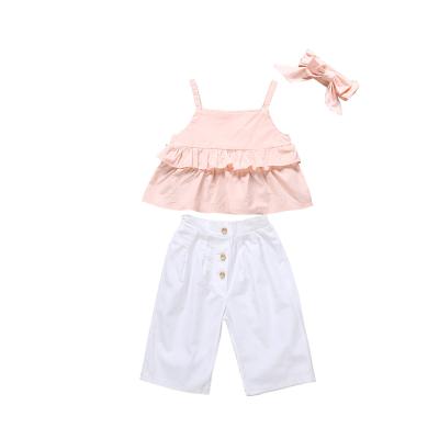 China 2021 Kids Girls 3PCS Casual Sets Clothes Knitted T-shirt Tops Suspenders Headband Outfit Set for sale