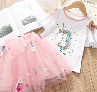 China Wholesale fashion kids casual fabric /polyester cotton unicorn print sleeveless top white pink clothing set for kids for sale