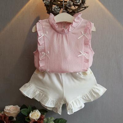 China Casual Kid Clothes Wholesale Girls Dressing Sets Lace Up Shirt Sleeveless Culottes 2 Piece Set Cute Clothing for sale