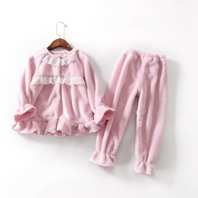 China Autumn Winter Kids Thermal Pajamas Sets Flannel Sleepwear Lace Cardigan Thick Warm Kids Pajamas Set for sale