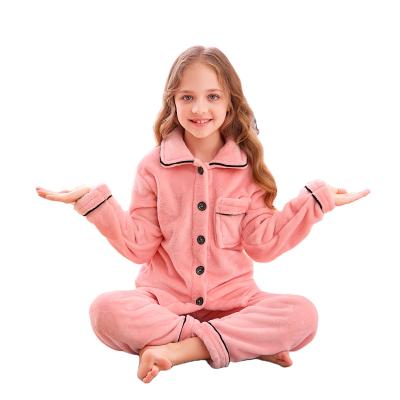 China Thermal Winter Solid Color 2 Pieces Turn-Down Collar Flannel Sleepwear Beaded Kids Girl Pajama Sets for sale