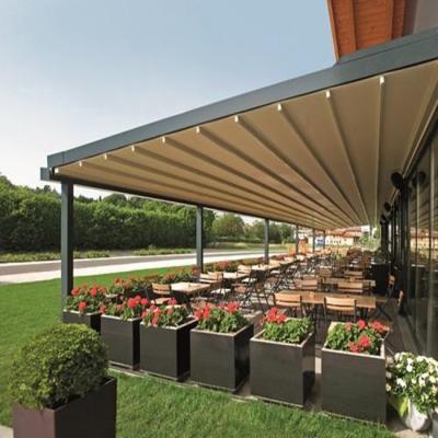 China Easily Assembled Motorized Sun Shading Retractable PVC Folding Cafe Pergola for sale