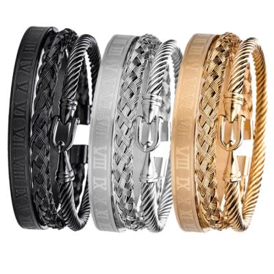 China Factory Wholesale Stainless Steel Men's Roman Word Braided Rope Set Men's Titanium Steel Open Bracelet FASHIONABLE for sale