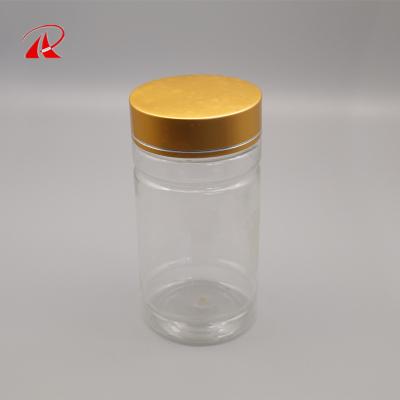 China High Quality PET Medicine 200cc Plastic Bottle Health Food Gold/Amber Vitamin Bottle With Double Aluminum Lid And Metal Bottom Cap for sale