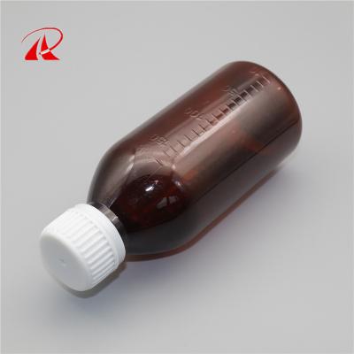 China Recyclable Amber 100ml PET Oral Liquid Bottle With 15ml Measuring Cup for sale