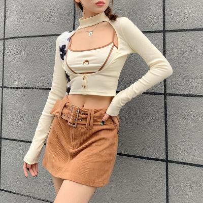 China 2pcs Cut Out Viable Slim Top Women's Loungewear Crop Top Long Sleeve Crop Tops Slim T-shirts Cardigan for sale